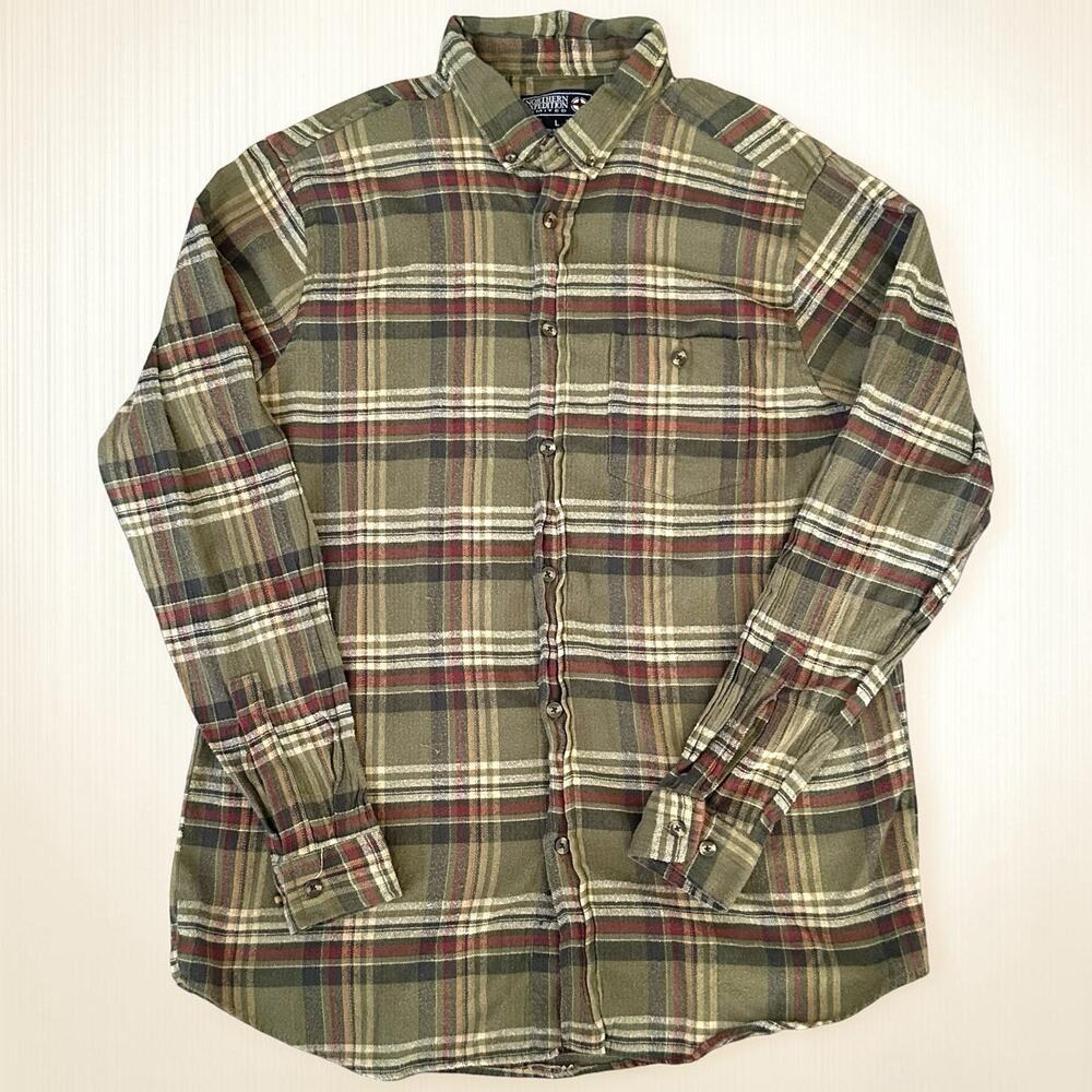 Northern Expedition Flannel Shirt Men’s L Green Plaid Button-Up Outdoor
